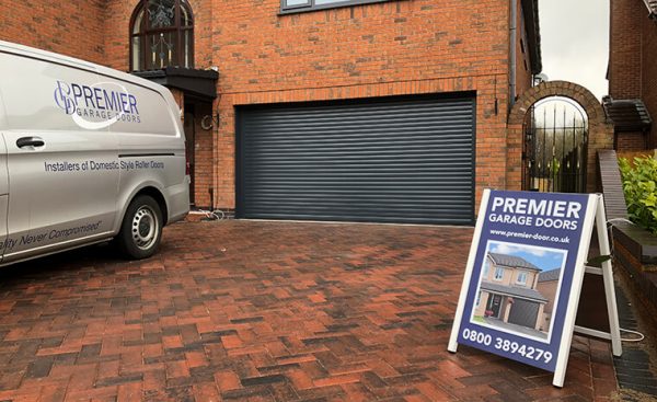 roller shutter garage door with sign